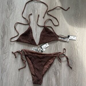 Garage Brown Crochet Triangle Tie-Side Bikini Set
